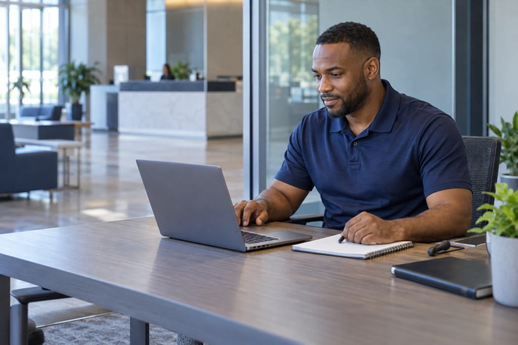 Adult professional studying online at a business-center workstation